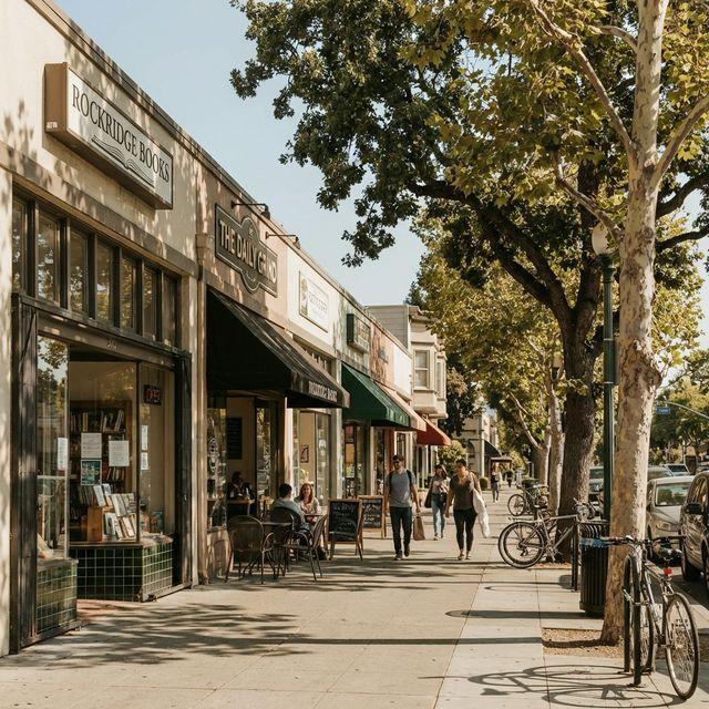 Pedestrians on College Avenue in Rockridge on a sunny afternoon