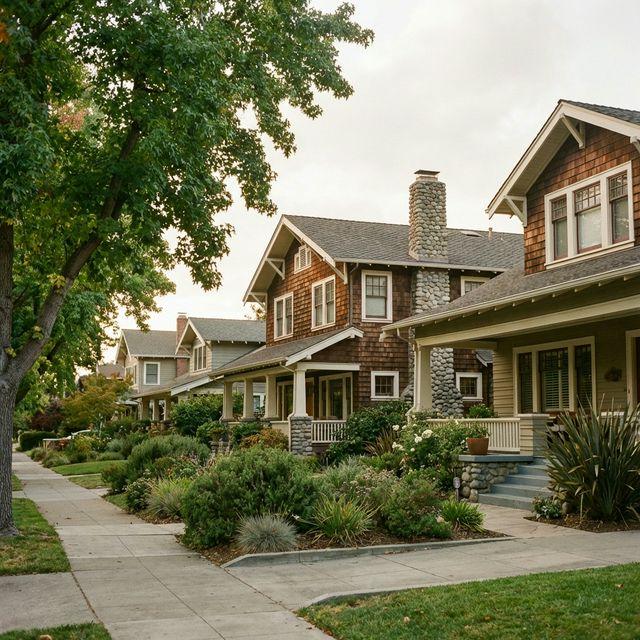 Craftsman bungalow homes on a residential street in Rockridge, Oakland