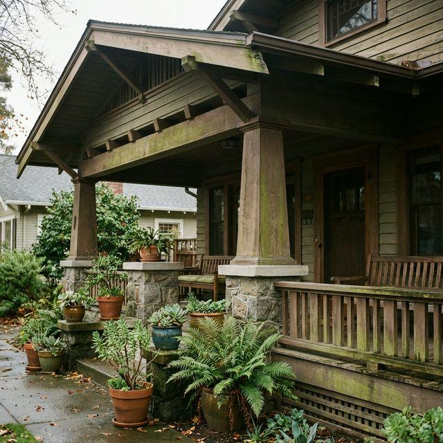 Craftsman bungalow front porch in Rockridge with potted plants and original wood columns